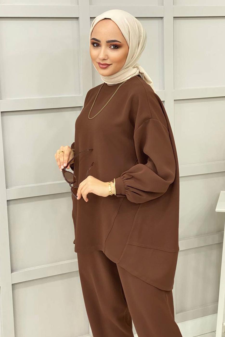 Tesettür giyim KAHVE BASIC PANTOLONLU TAKIM 5112 