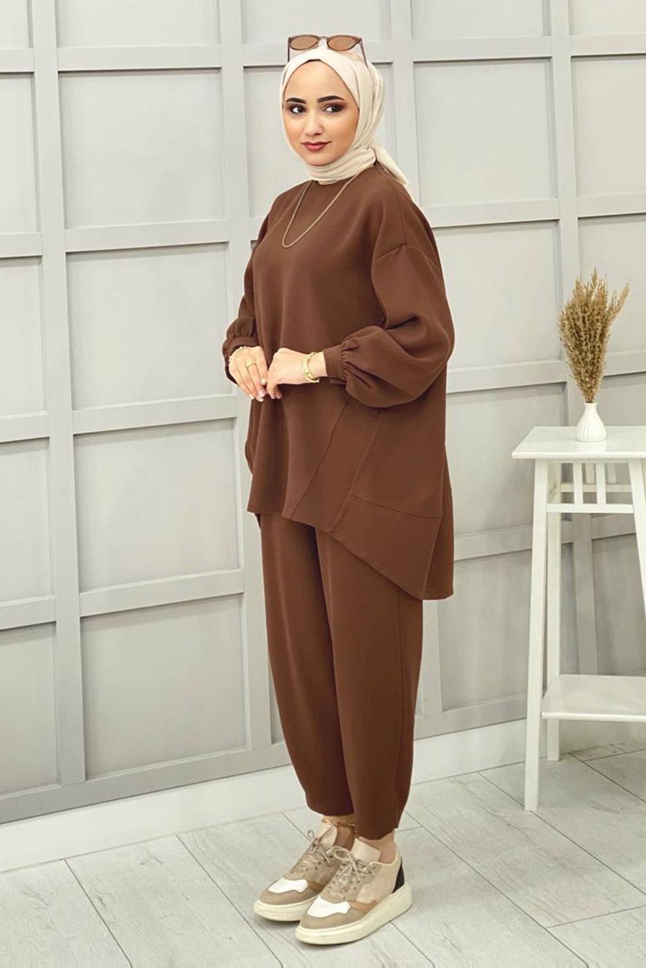 Tesettür giyim KAHVE BASIC PANTOLONLU TAKIM 5112 