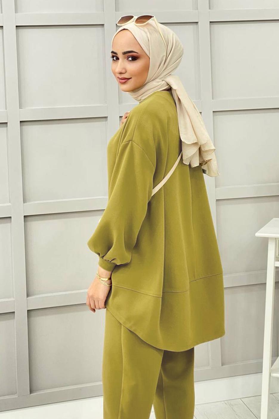 Tesettür giyim YEŞİL BASIC PANTOLONLU TAKIM 5112 