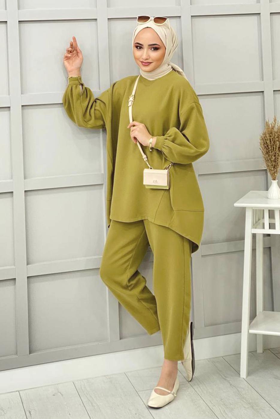 Tesettür giyim YEŞİL BASIC PANTOLONLU TAKIM 5112 