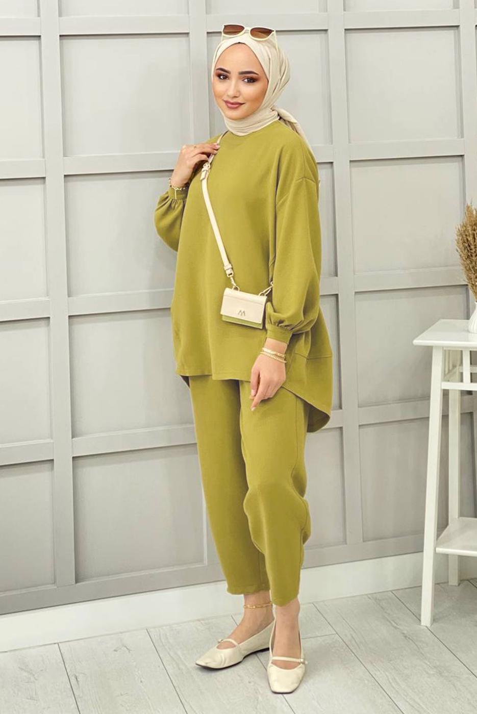 Tesettür giyim YEŞİL BASIC PANTOLONLU TAKIM 5112 
