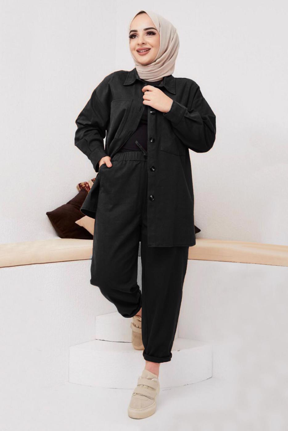Hijab clothing BLACK BUTTONED 2-PIECE PANTS SUIT WITH POCKET 5219 