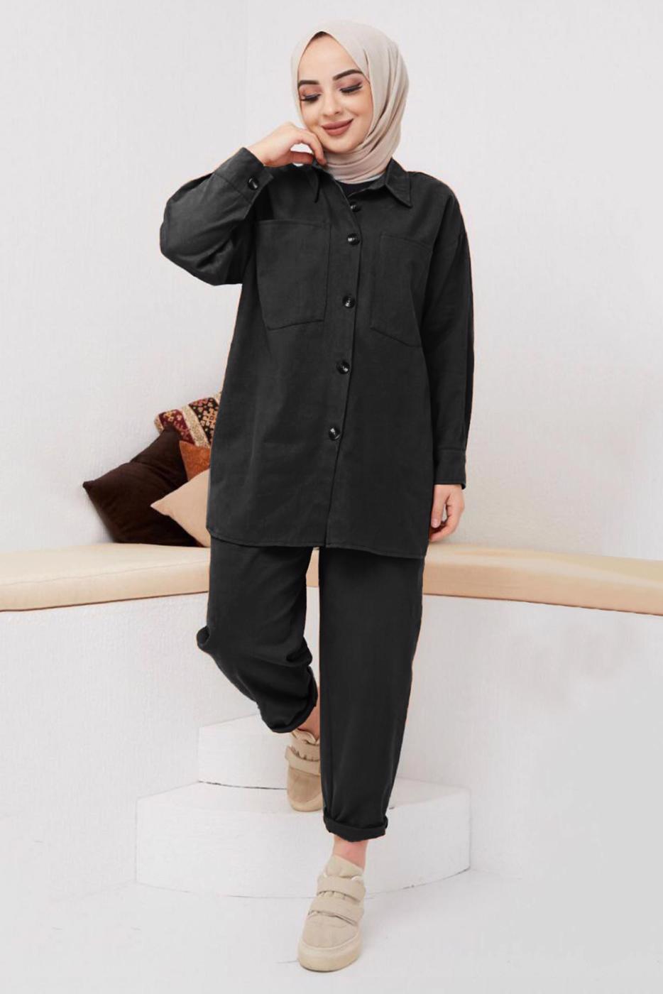 Hijab clothing BLACK BUTTONED 2-PIECE PANTS SUIT WITH POCKET 5219 
