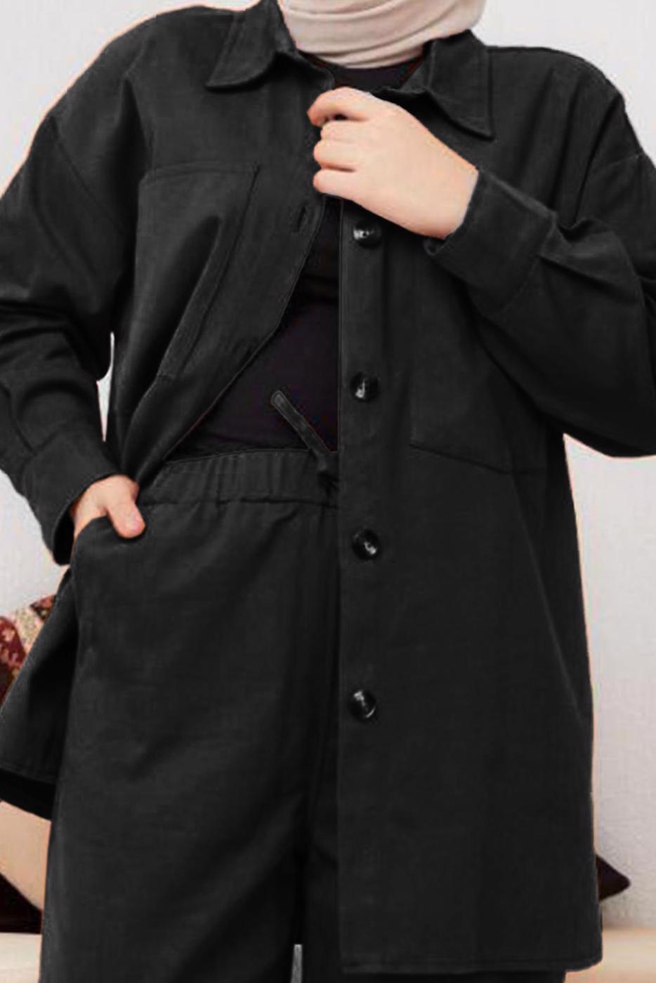 Hijab clothing BLACK BUTTONED 2-PIECE PANTS SUIT WITH POCKET 5219 