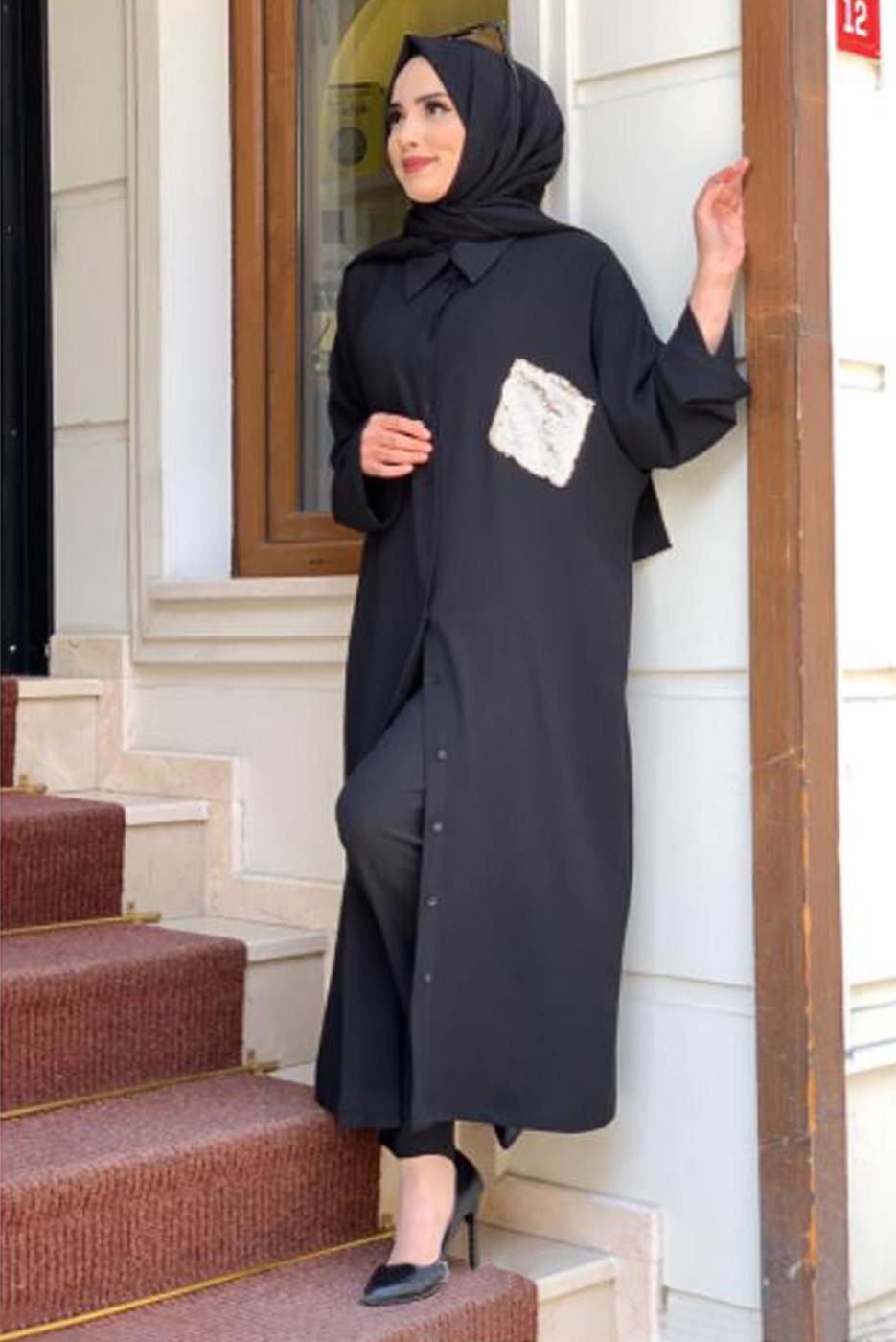 Vêtements hijab NOIR TUNIQUE DÉTAIL POCHES À PAILLETTES 5228