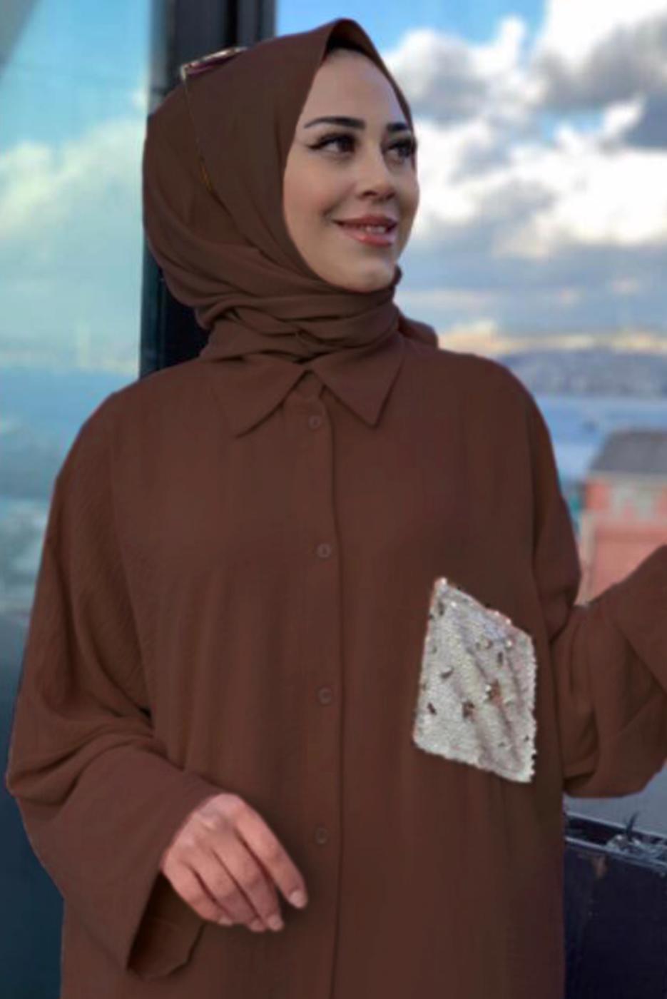 Tesettür giyim KAHVE CEBİ PUL DETAYLI YARASA KOL TAKIM 5228 