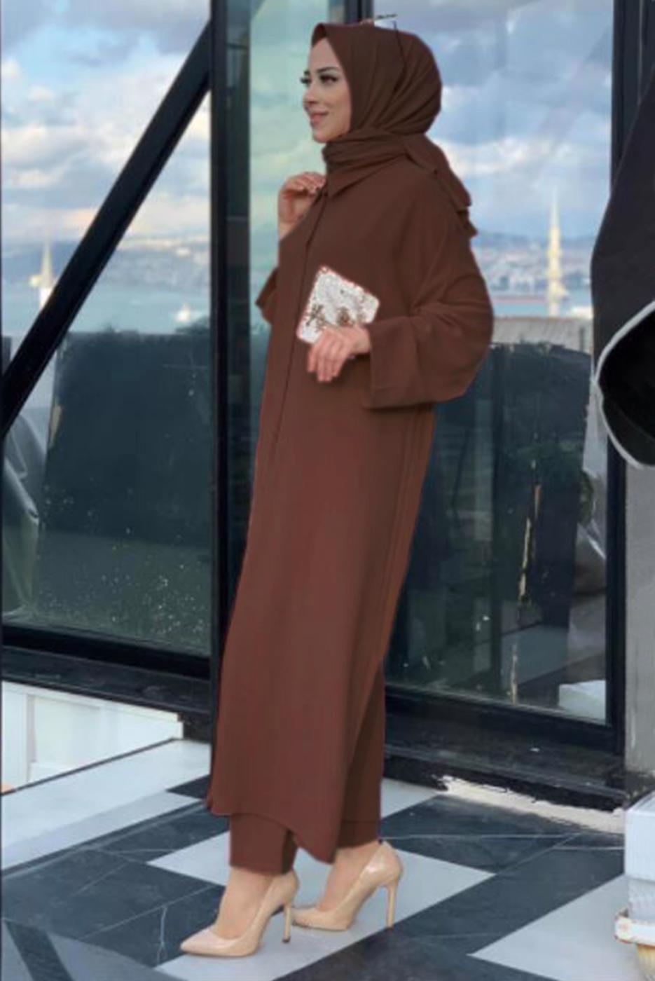 Tesettür giyim KAHVE CEBİ PUL DETAYLI YARASA KOL TAKIM 5228 