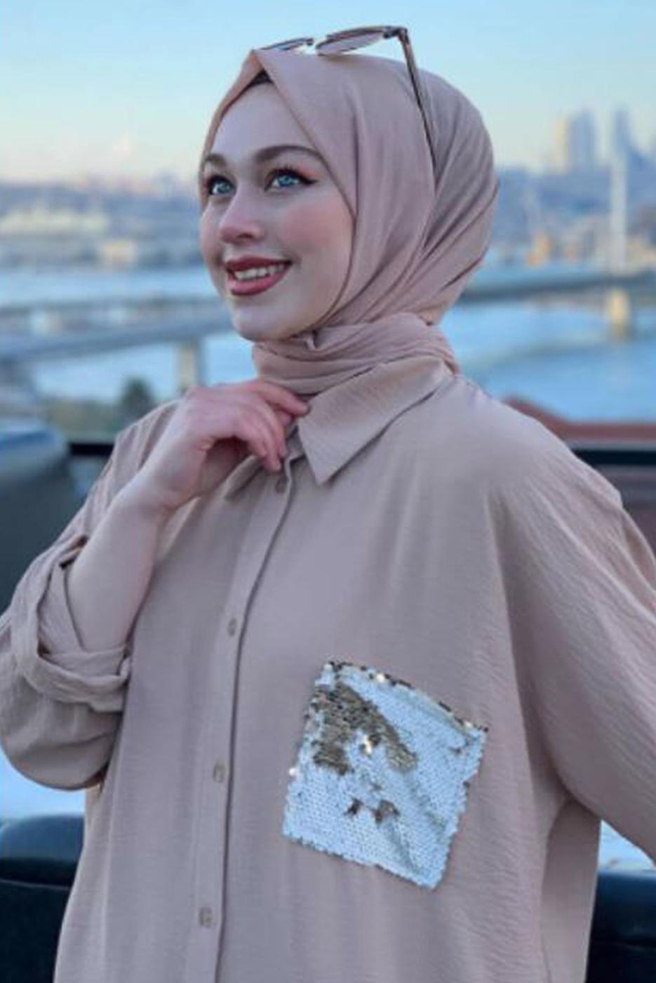 Tesettür giyim BEJ CEBİ PUL DETAYLI YARASA KOL TAKIM 5228 