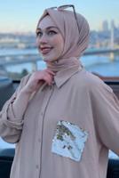 Tesettür giyim BEJ CEBİ PUL DETAYLI YARASA KOL TAKIM 5228 