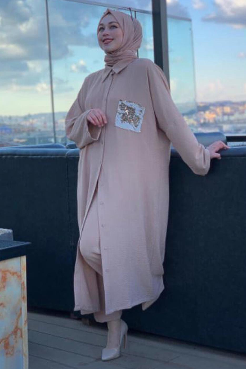 Tesettür giyim BEJ CEBİ PUL DETAYLI YARASA KOL TAKIM 5228 