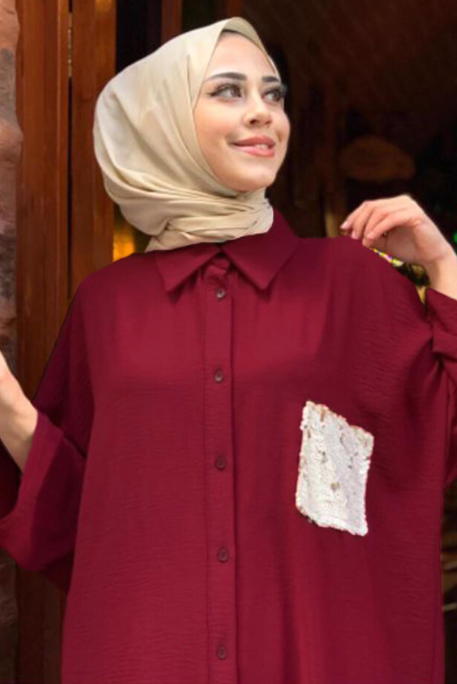 Tesettür giyim BORDO CEBİ PUL DETAYLI YARASA KOL TAKIM 5228 