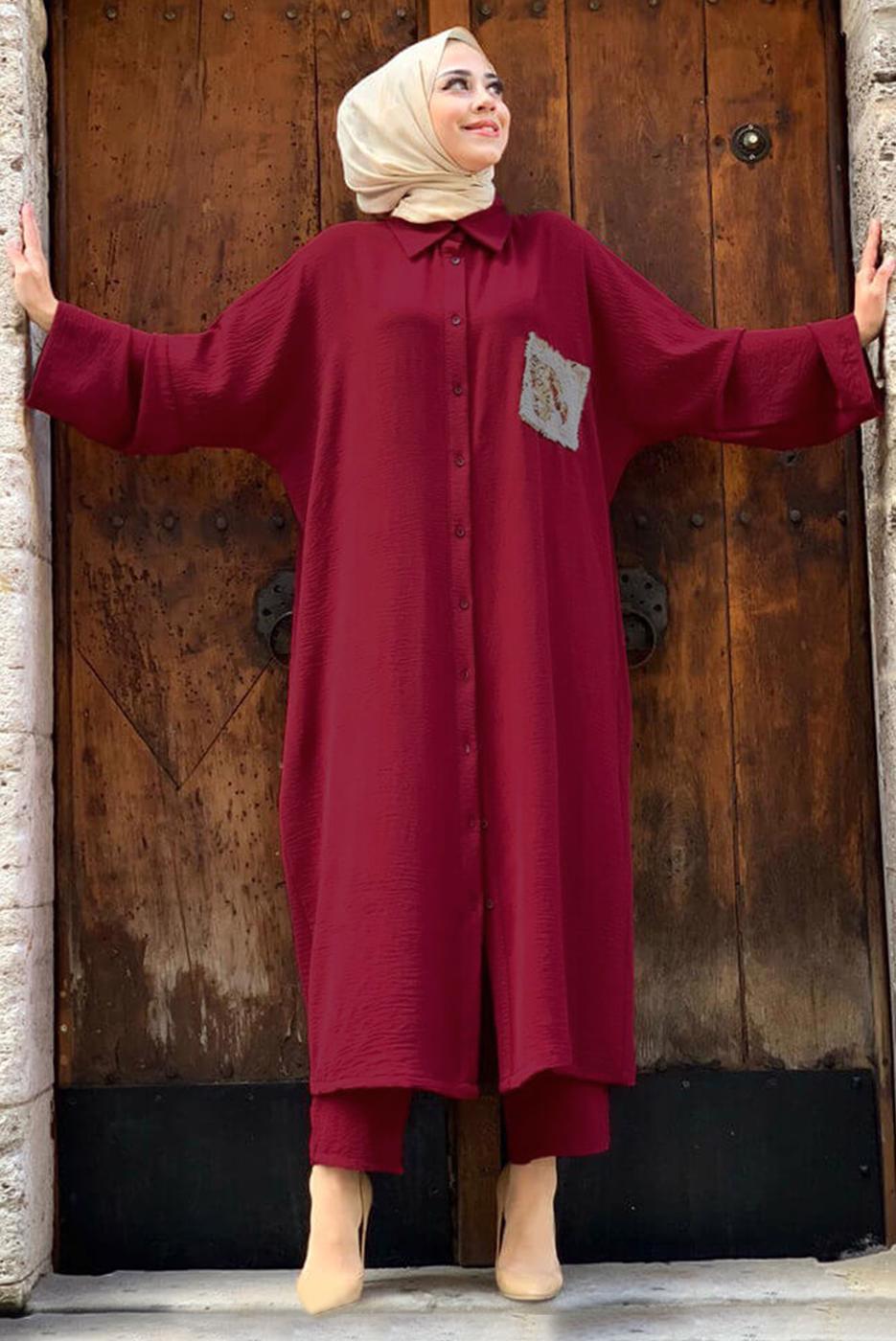 Tesettür giyim BORDO CEBİ PUL DETAYLI YARASA KOL TAKIM 5228 