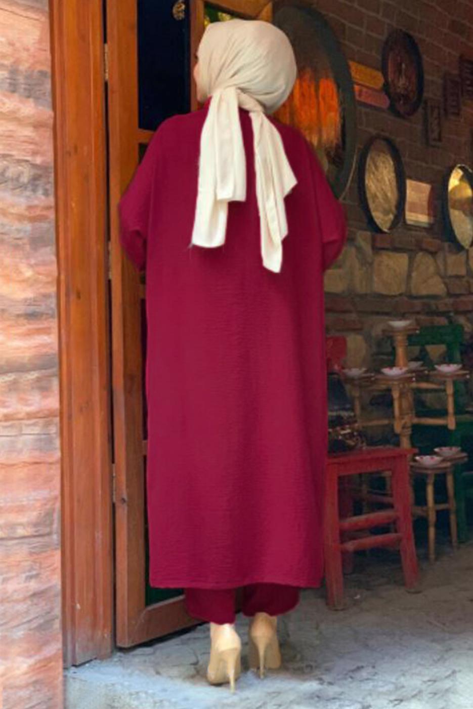 Tesettür giyim BORDO CEBİ PUL DETAYLI YARASA KOL TAKIM 5228 