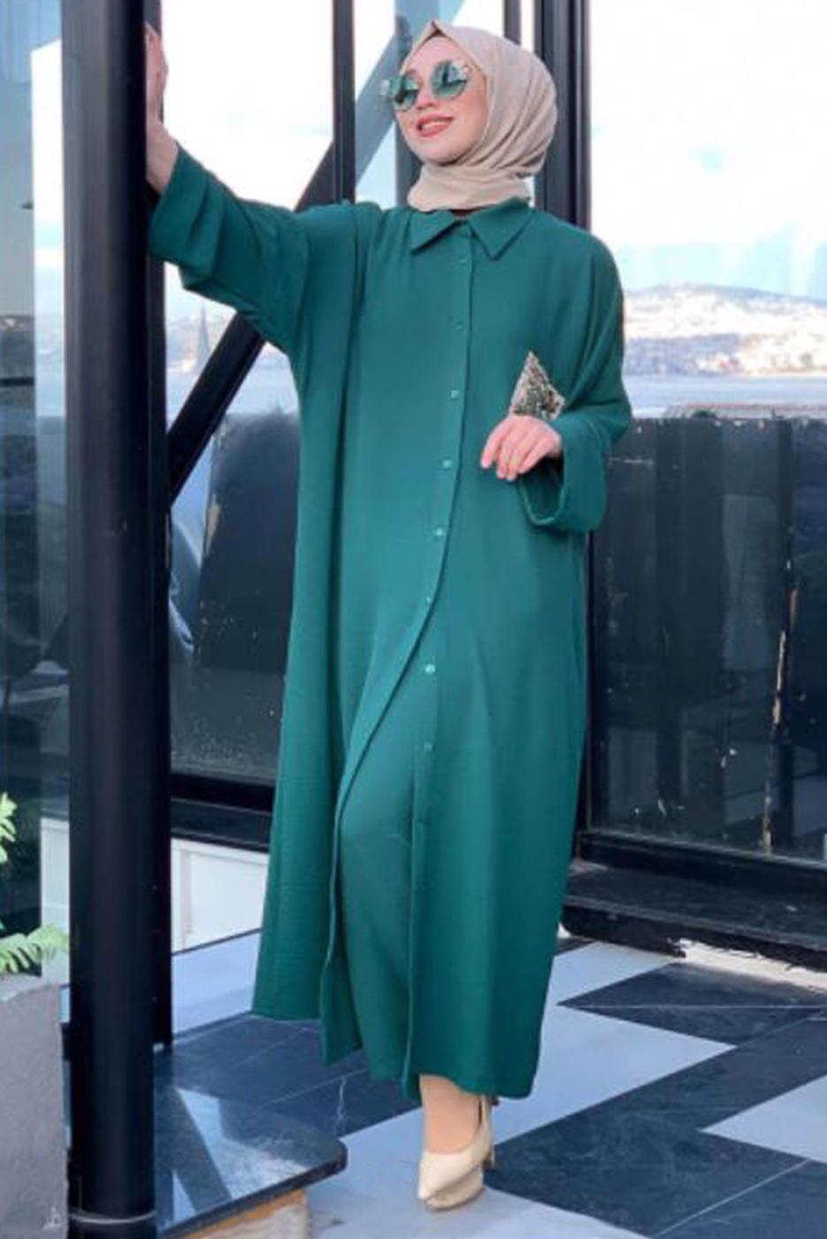 Tesettür giyim YEŞİL CEBİ PUL DETAYLI YARASA KOL TAKIM 5228 