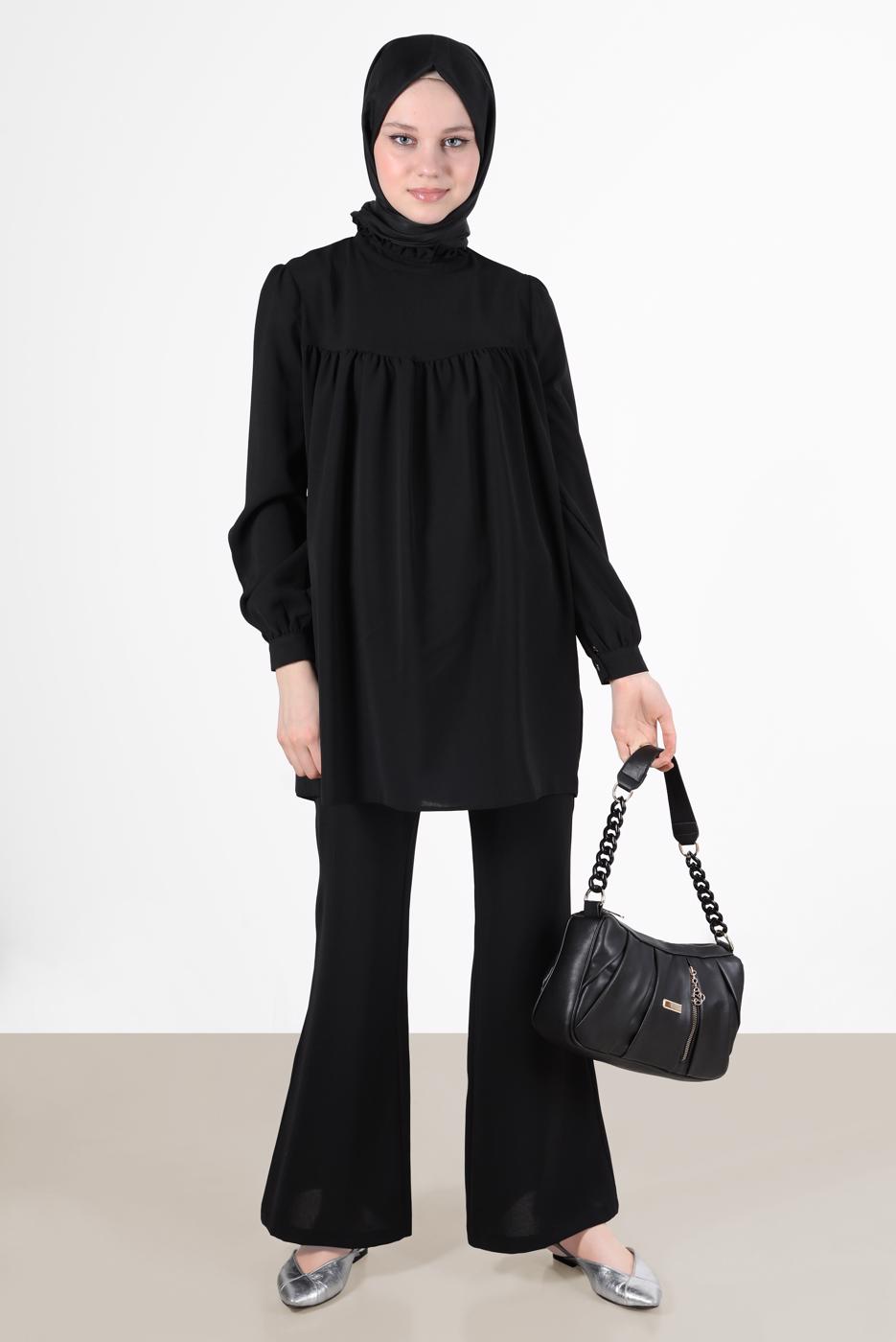 Tesettür giyim SİYAH YAKASI FIRFIRLI BÜZGÜLÜ PANT. TAKIM 53835 