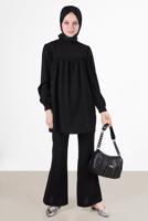 Tesettür giyim SİYAH YAKASI FIRFIRLI BÜZGÜLÜ PANT. TAKIM 53835 