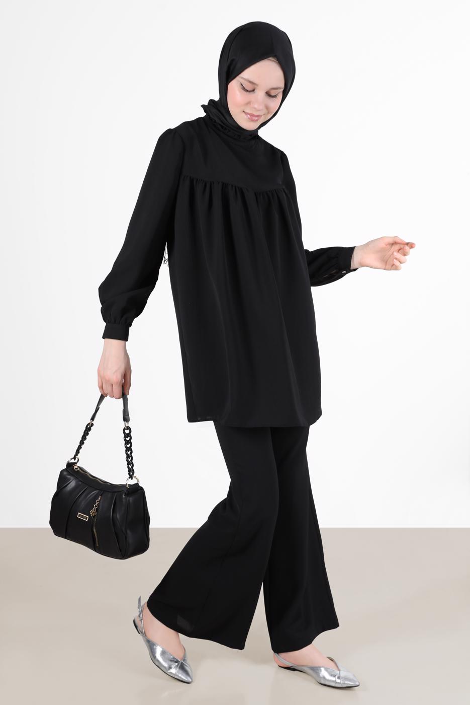 Tesettür giyim SİYAH YAKASI FIRFIRLI BÜZGÜLÜ PANT. TAKIM 53835 