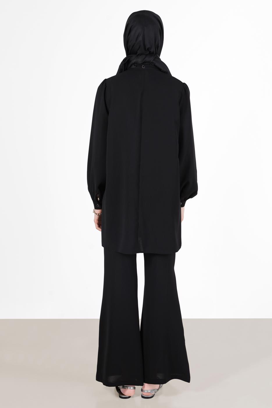 Tesettür giyim SİYAH YAKASI FIRFIRLI BÜZGÜLÜ PANT. TAKIM 53835 