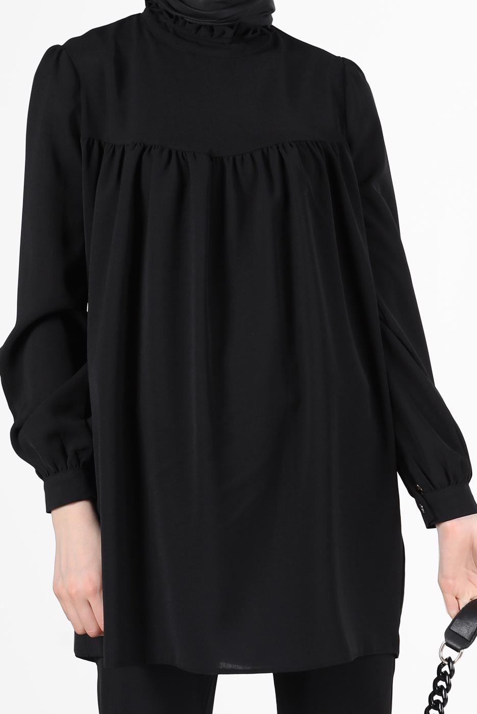 Tesettür giyim SİYAH YAKASI FIRFIRLI BÜZGÜLÜ PANT. TAKIM 53835 