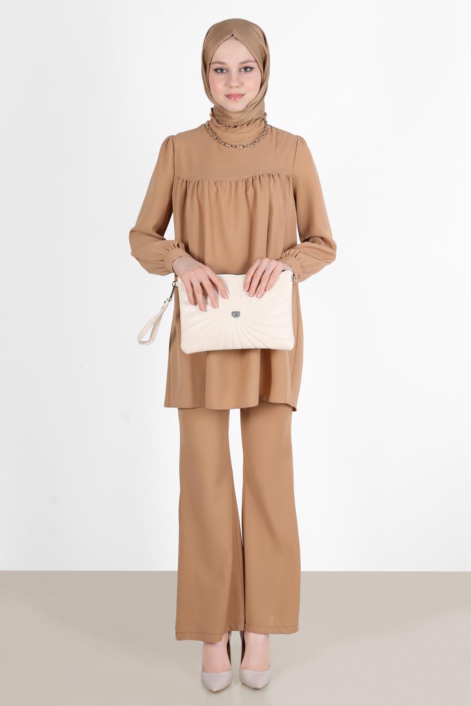 Tesettür giyim KAHVE YAKASI FIRFIRLI BÜZGÜLÜ PANT. TAKIM 53835 