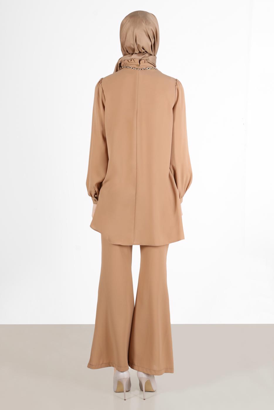 Tesettür giyim KAHVE YAKASI FIRFIRLI BÜZGÜLÜ PANT. TAKIM 53835 