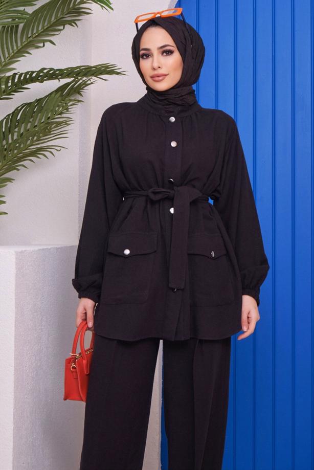 Vêtements hijab  BELTED COTTON 2-PIECE PANTS SUIT WITH POCKET 61051  - TRENDTESETTÜR