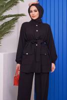 Vêtements hijab NOIR ENSEMBLE PANTALON 2 PIÈCES EN COTON AVEC CEINTURE AVEC POCHE 61051