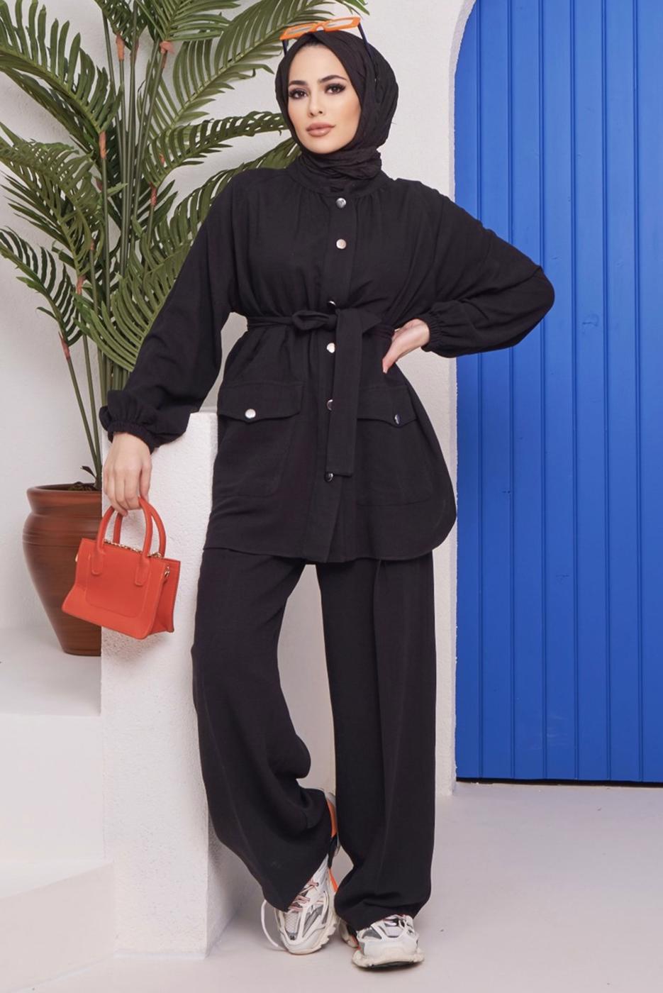 Vêtements hijab NOIR ENSEMBLE PANTALON 2 PIÈCES EN COTON AVEC CEINTURE AVEC POCHE 61051