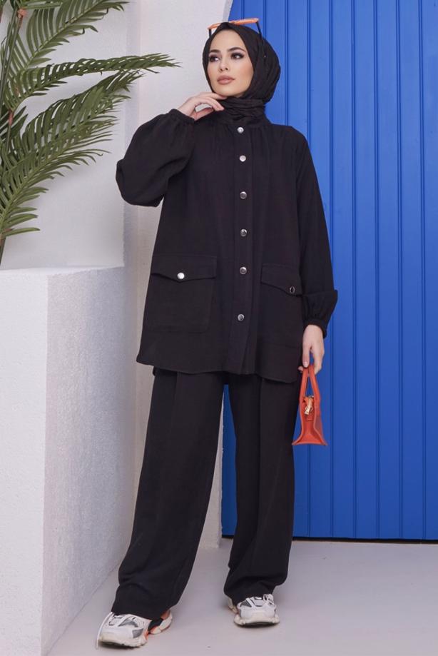 Vêtements hijab  BELTED COTTON 2-PIECE PANTS SUIT WITH POCKET 61051  - TRENDTESETTÜR