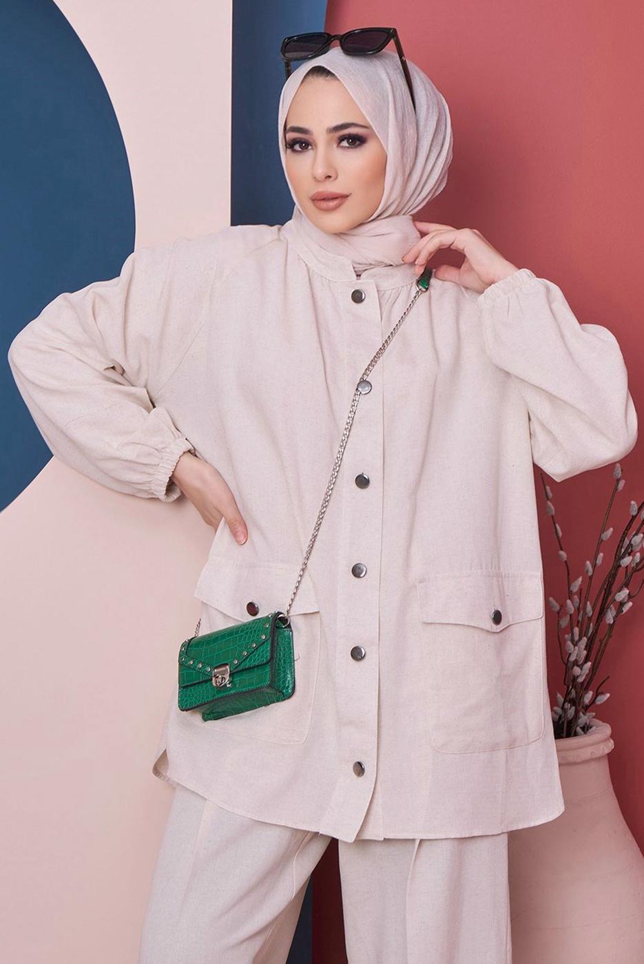 Tesettür giyim KREM BELİ KUŞAKLI CEPLİ PAMUKLU İKİLİ PANT. TAKIM 61051 