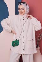 Tesettür giyim KREM BELİ KUŞAKLI CEPLİ PAMUKLU İKİLİ PANT. TAKIM 61051 