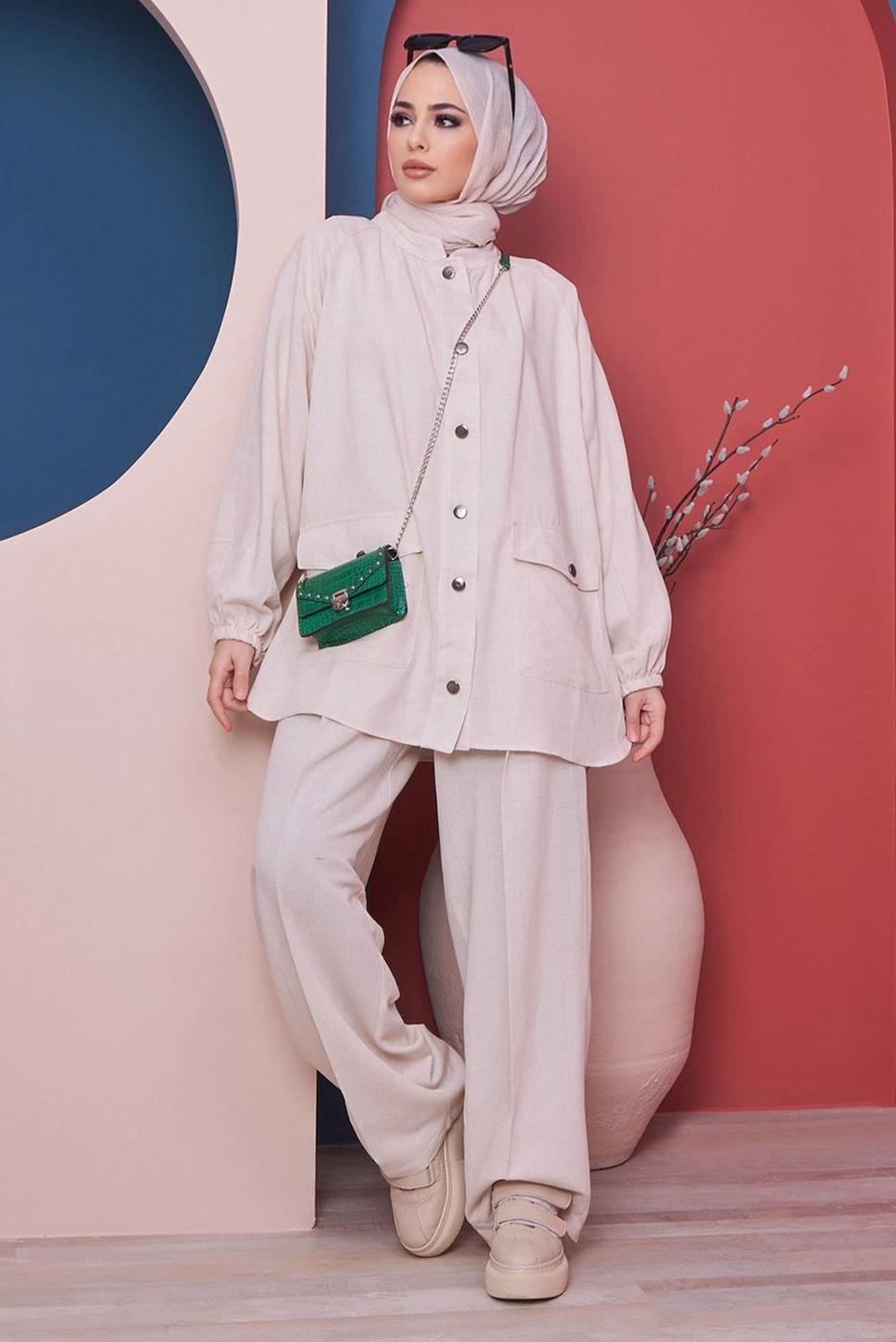 Tesettür giyim KREM BELİ KUŞAKLI CEPLİ PAMUKLU İKİLİ PANT. TAKIM 61051 