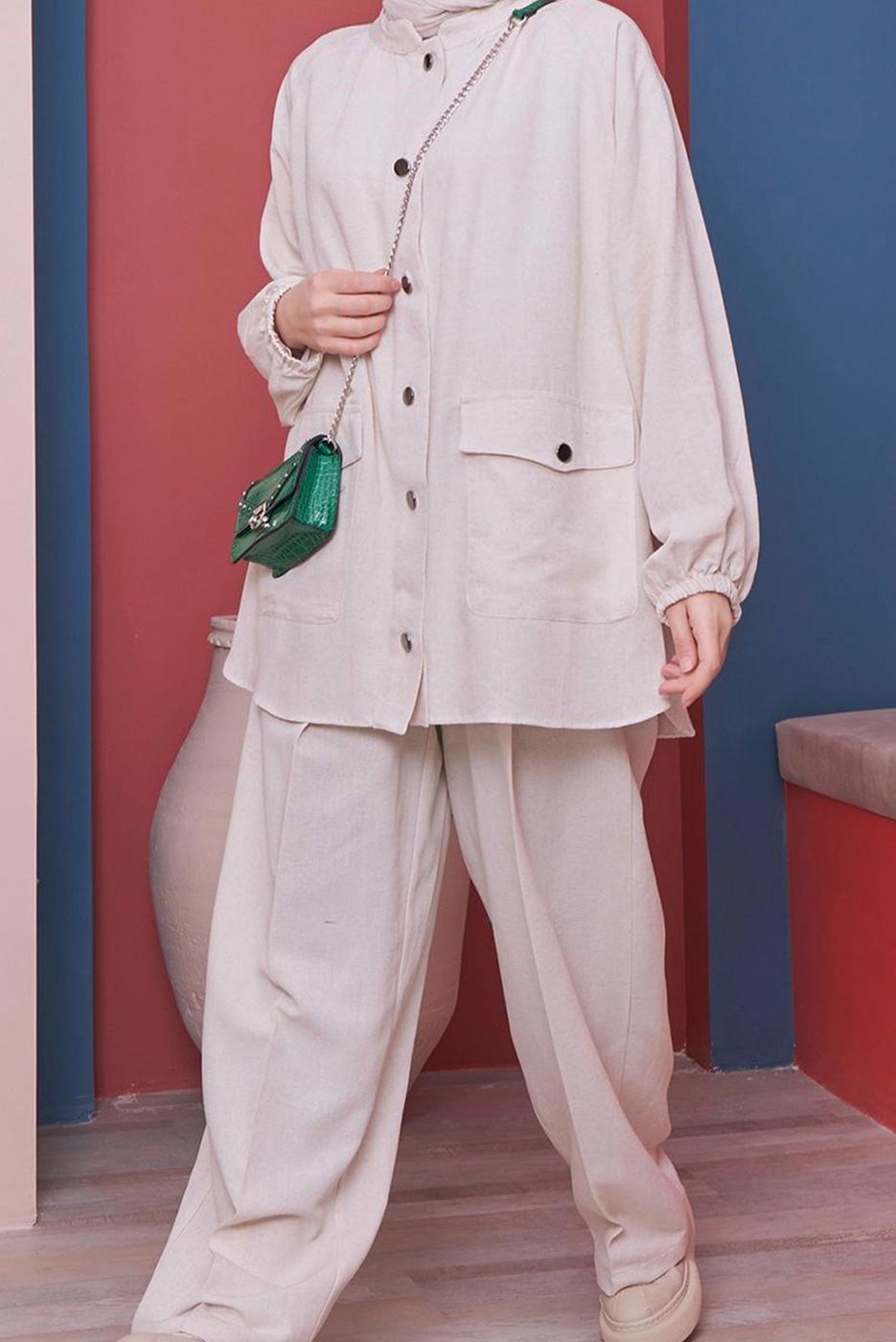 Tesettür giyim KREM BELİ KUŞAKLI CEPLİ PAMUKLU İKİLİ PANT. TAKIM 61051 