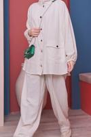 Tesettür giyim KREM BELİ KUŞAKLI CEPLİ PAMUKLU İKİLİ PANT. TAKIM 61051 