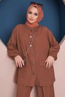 Tesettür giyim KAHVE BELİ KUŞAKLI CEPLİ PAMUKLU İKİLİ PANT. TAKIM 61051 