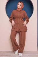 Tesettür giyim KAHVE BELİ KUŞAKLI CEPLİ PAMUKLU İKİLİ PANT. TAKIM 61051 
