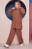 Tesettür giyim KAHVE BELİ KUŞAKLI CEPLİ PAMUKLU İKİLİ PANT. TAKIM 61051 