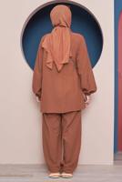 Tesettür giyim KAHVE BELİ KUŞAKLI CEPLİ PAMUKLU İKİLİ PANT. TAKIM 61051 