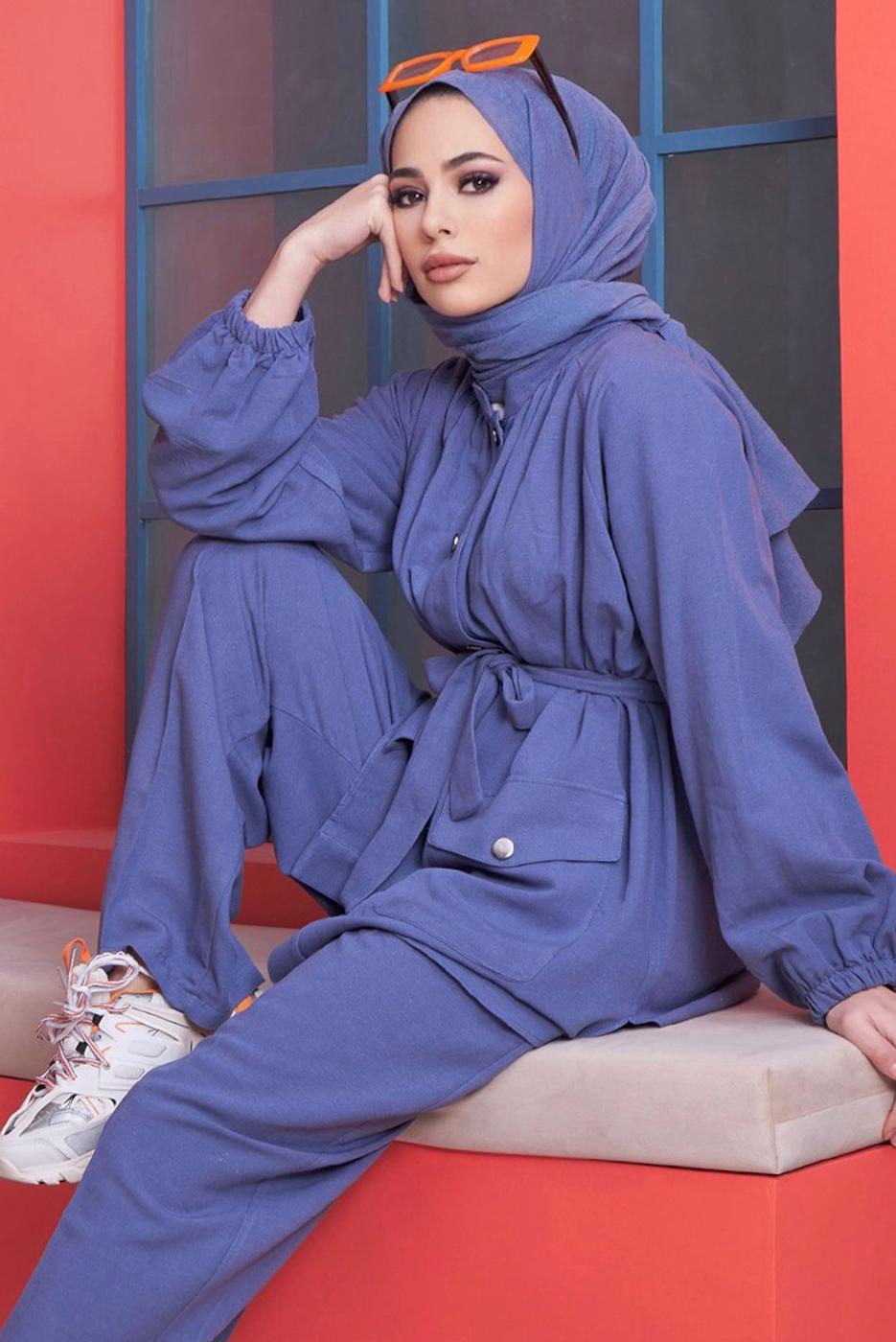 Tesettür giyim LACİVERT BELİ KUŞAKLI CEPLİ PAMUKLU İKİLİ PANT. TAKIM 61051 