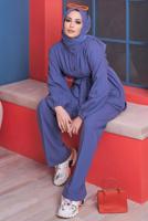 Tesettür giyim LACİVERT BELİ KUŞAKLI CEPLİ PAMUKLU İKİLİ PANT. TAKIM 61051 