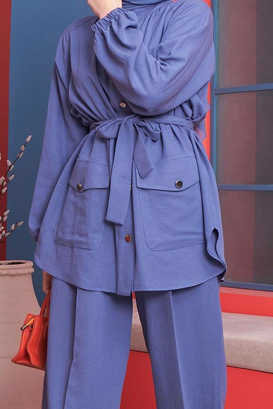 Tesettür giyim LACİVERT BELİ KUŞAKLI CEPLİ PAMUKLU İKİLİ PANT. TAKIM 61051 