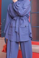 Tesettür giyim LACİVERT BELİ KUŞAKLI CEPLİ PAMUKLU İKİLİ PANT. TAKIM 61051 