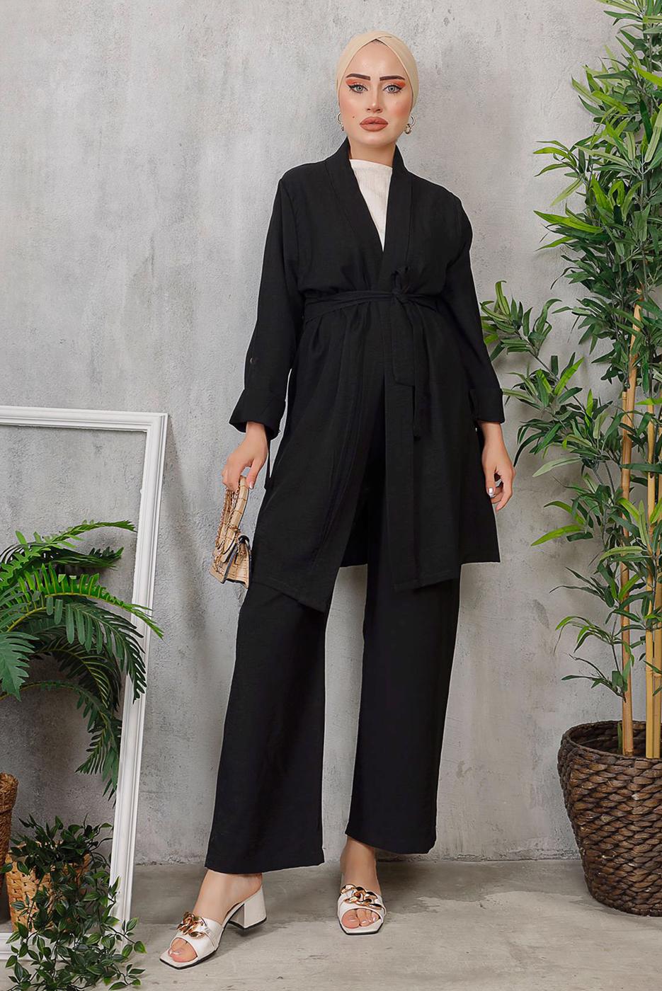 Tesettür giyim SİYAH KUŞAKLI BASIC KİMONOLU TAKIM 6452 