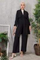 Tesettür giyim SİYAH KUŞAKLI BASIC KİMONOLU TAKIM 6452 