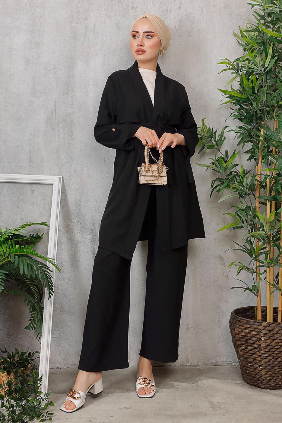 Tesettür giyim SİYAH KUŞAKLI BASIC KİMONOLU TAKIM 6452 