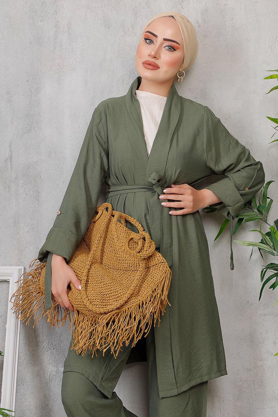 Tesettür giyim HAKİ KUŞAKLI BASIC KİMONOLU TAKIM 6452 