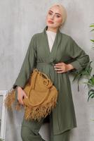 Tesettür giyim HAKİ KUŞAKLI BASIC KİMONOLU TAKIM 6452 