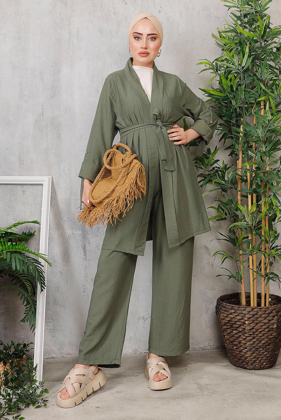 Tesettür giyim HAKİ KUŞAKLI BASIC KİMONOLU TAKIM 6452 
