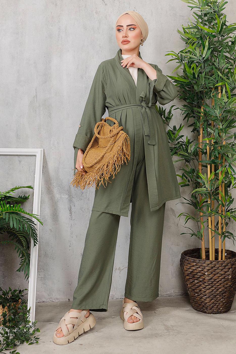 Tesettür giyim HAKİ KUŞAKLI BASIC KİMONOLU TAKIM 6452 