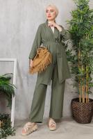 Tesettür giyim HAKİ KUŞAKLI BASIC KİMONOLU TAKIM 6452 